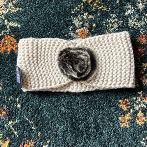Cream Knit Ear Warmer Headband with Faux Fur Pom - Victoria Leland
